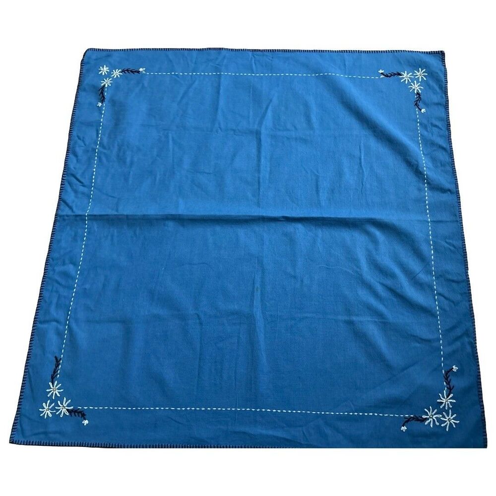 Vintage Hand Embroidered Daisy Tablecloth Blue Floral Table Cover 32.5x33